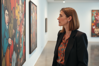 Femme contemplant un mural d'art moderne dans une galerie