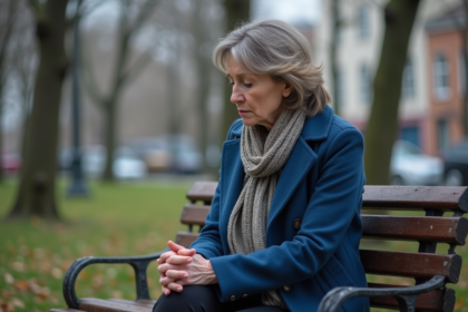 Femme pensive sur un banc de parc au printemps