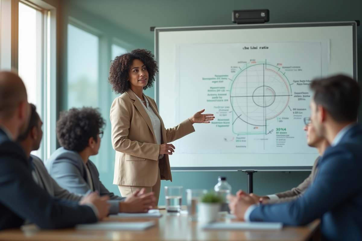 Femme expliquant le ratio Palma devant tableau blanc