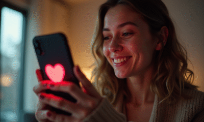 Jeune femme souriante avec smartphone et emoji cœur