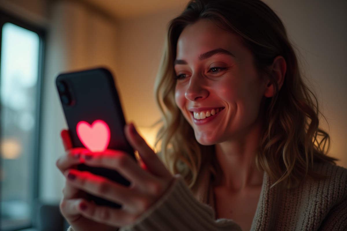 Jeune femme souriante avec smartphone et emoji cœur