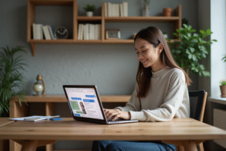 Jeune femme concentrée sur son ordinateur en télétravail
