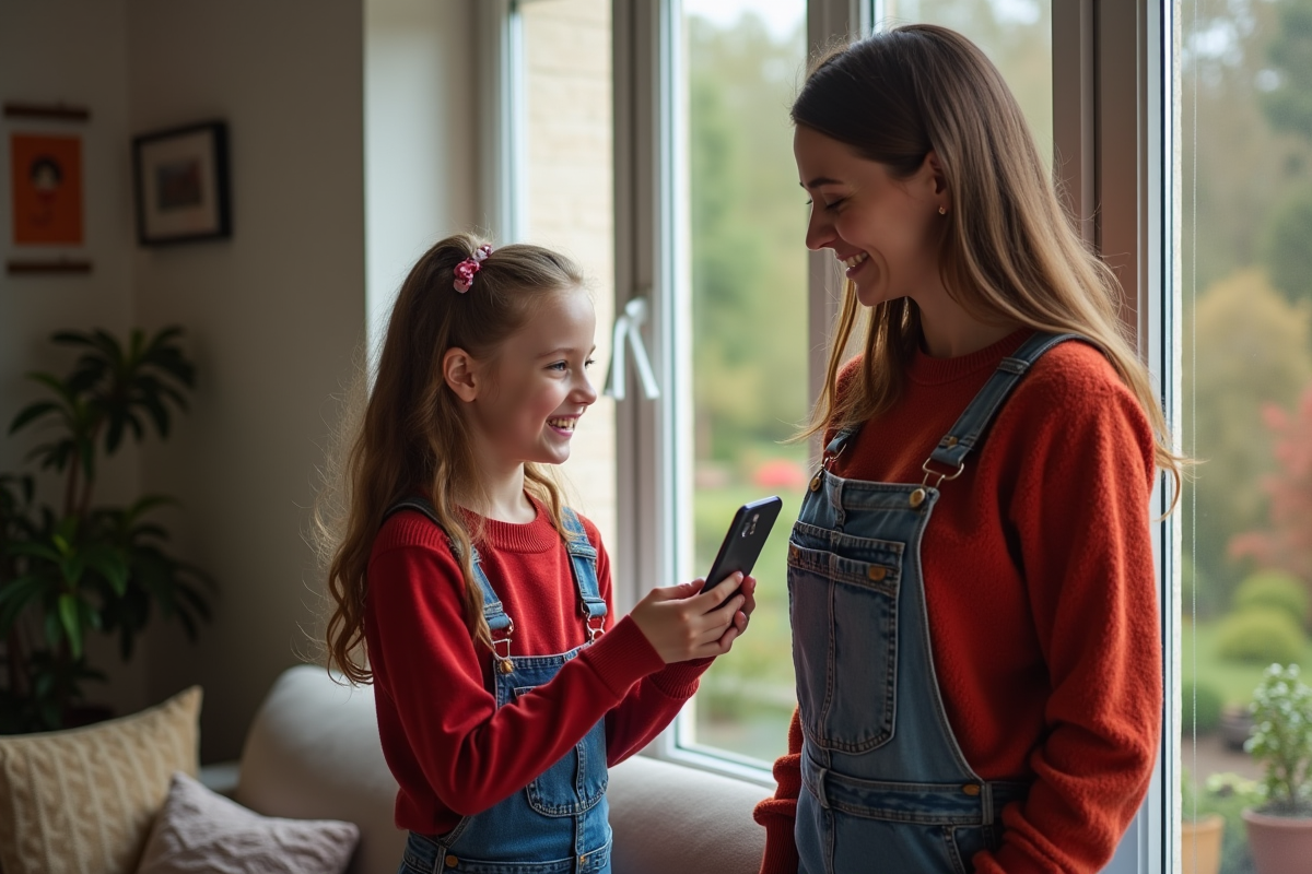 Fille de 12 ans donnant son smartphone à sa mère