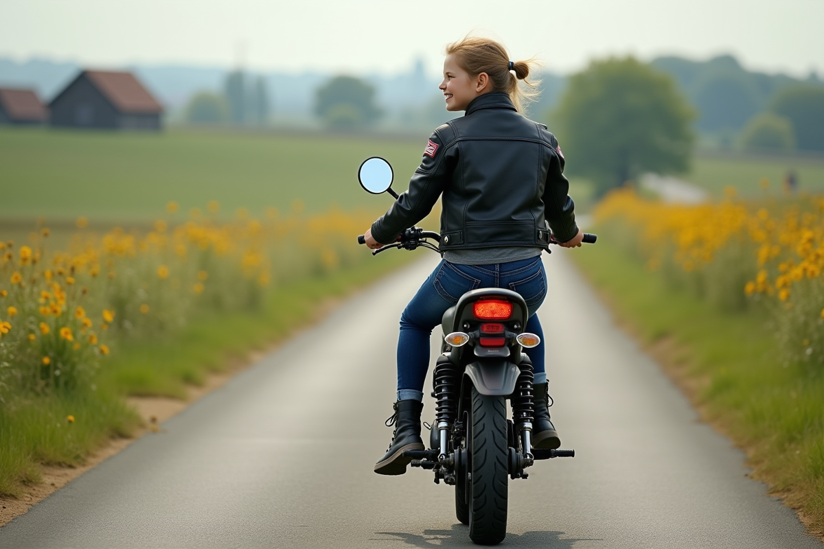 Fille en moto 50cc dans la campagne verte