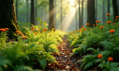Sol de forêt ensoleillé avec fougères et fleurs sauvages