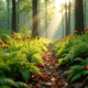Sol de forêt ensoleillé avec fougères et fleurs sauvages