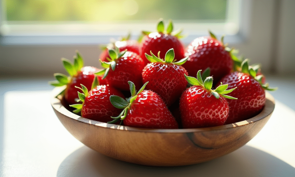 Fraises fraîches dans un bol en bois rustique sur une table blanche