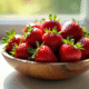 Fraises fraîches dans un bol en bois rustique sur une table blanche