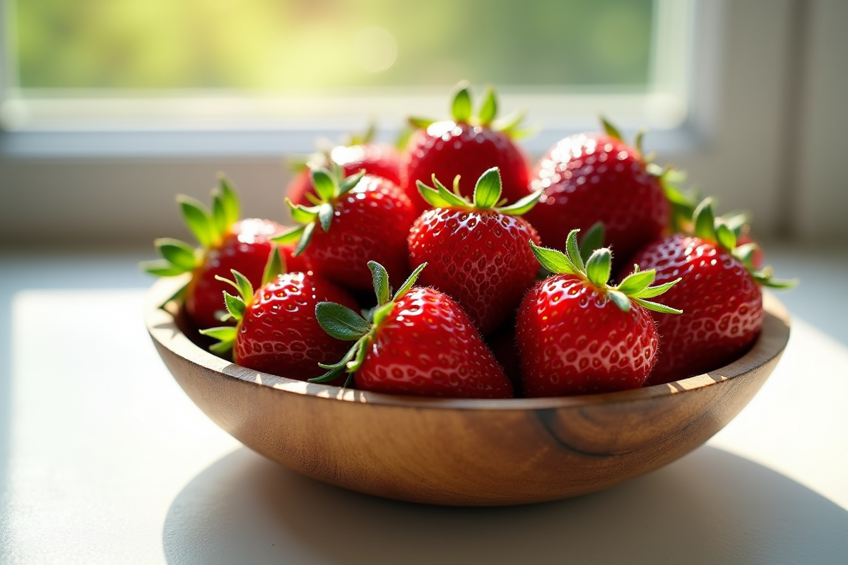 Fraises fraîches dans un bol en bois rustique sur une table blanche