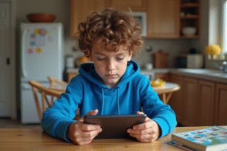 Garçon de 12 ans avec tablette dans la cuisine
