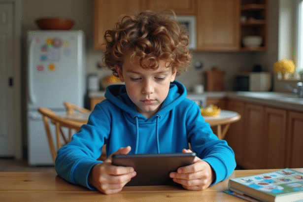 Garçon de 12 ans avec tablette dans la cuisine