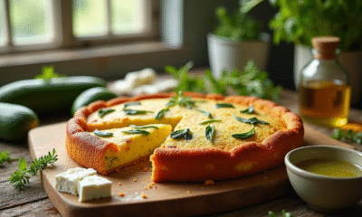 Gâteau de courgettes et feta tranché sur une table en bois