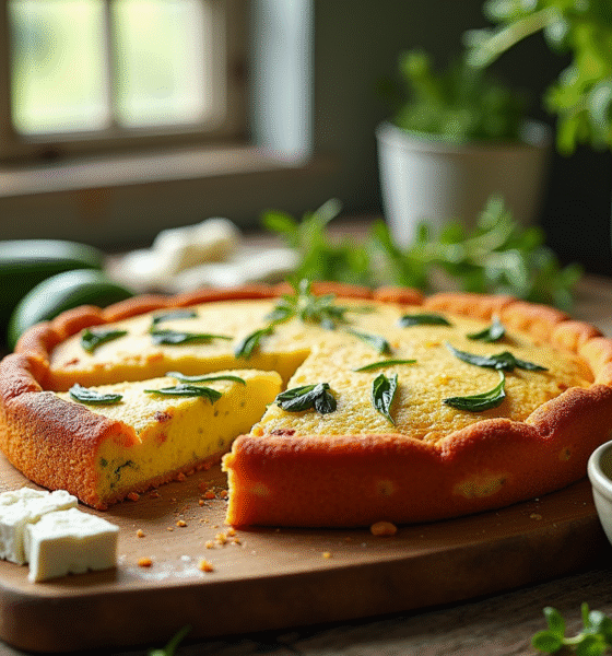 Gâteau de courgettes et feta tranché sur une table en bois