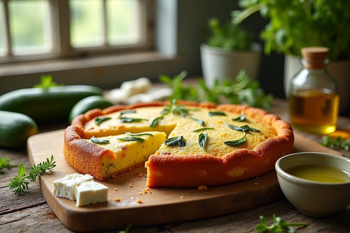 Gâteau de courgettes et feta tranché sur une table en bois