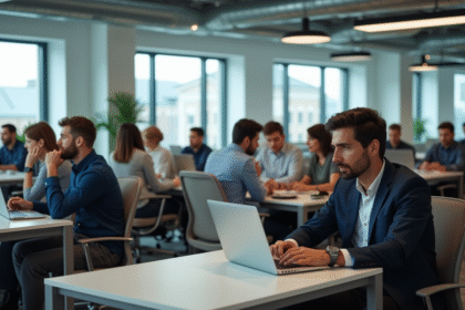 Groupe de travailleurs en open space moderne diversifié