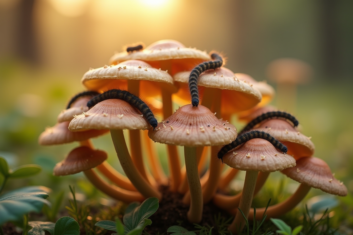 Groupe de champignons avec chenilles en matinée douce