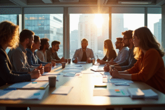 Groupe de collègues divers discutant en réunion de bureau
