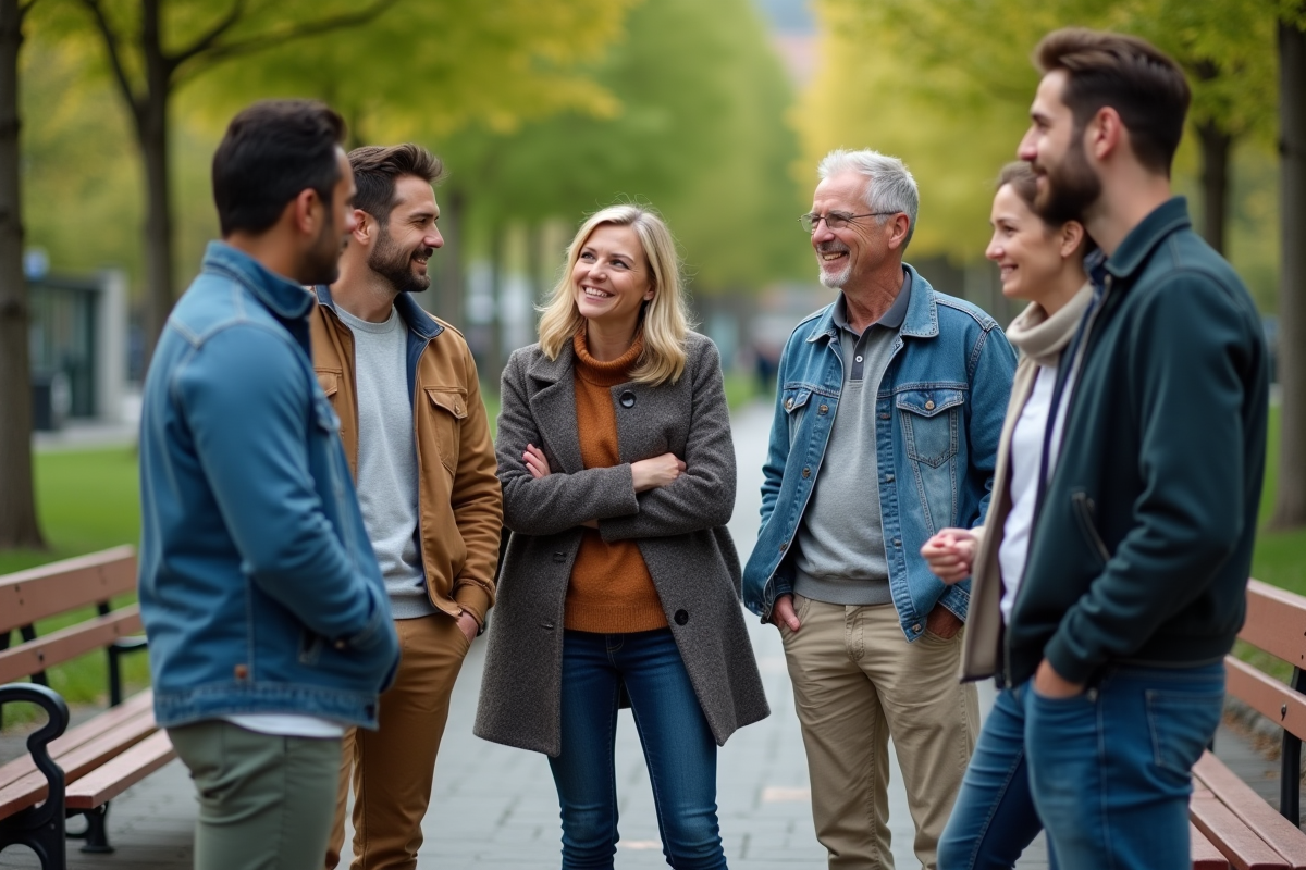 Groupe divers d'adultes en conversation dans un parc urbain