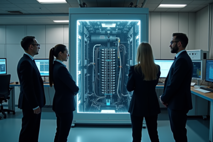 Groupe de professionnels autour d'un ordinateur quantique en recherche