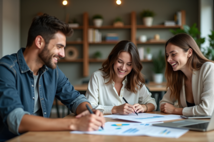 Trois jeunes adultes rient autour d'une table de coworking