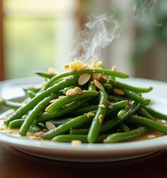 Haricots verts cuits servis avec amandes et citron
