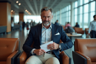 Homme d affaires français dans un salon d aeroport