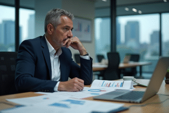Homme d'affaires en costume navy dans un bureau moderne