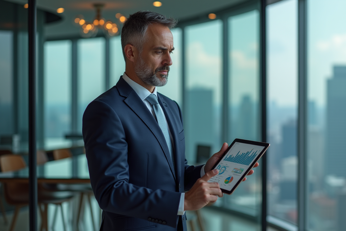 Homme d'affaires en costume regardant des graphiques financiers