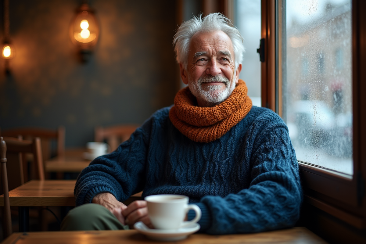 Homme âgé dans un café cosy en journée d