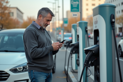 Homme frustré vérifiant son téléphone près d'une station de recharge électrique en ville