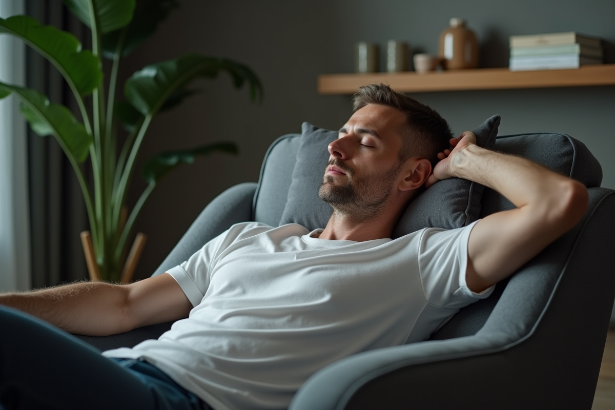 Homme en sommeil profond dans un salon moderne et confortable