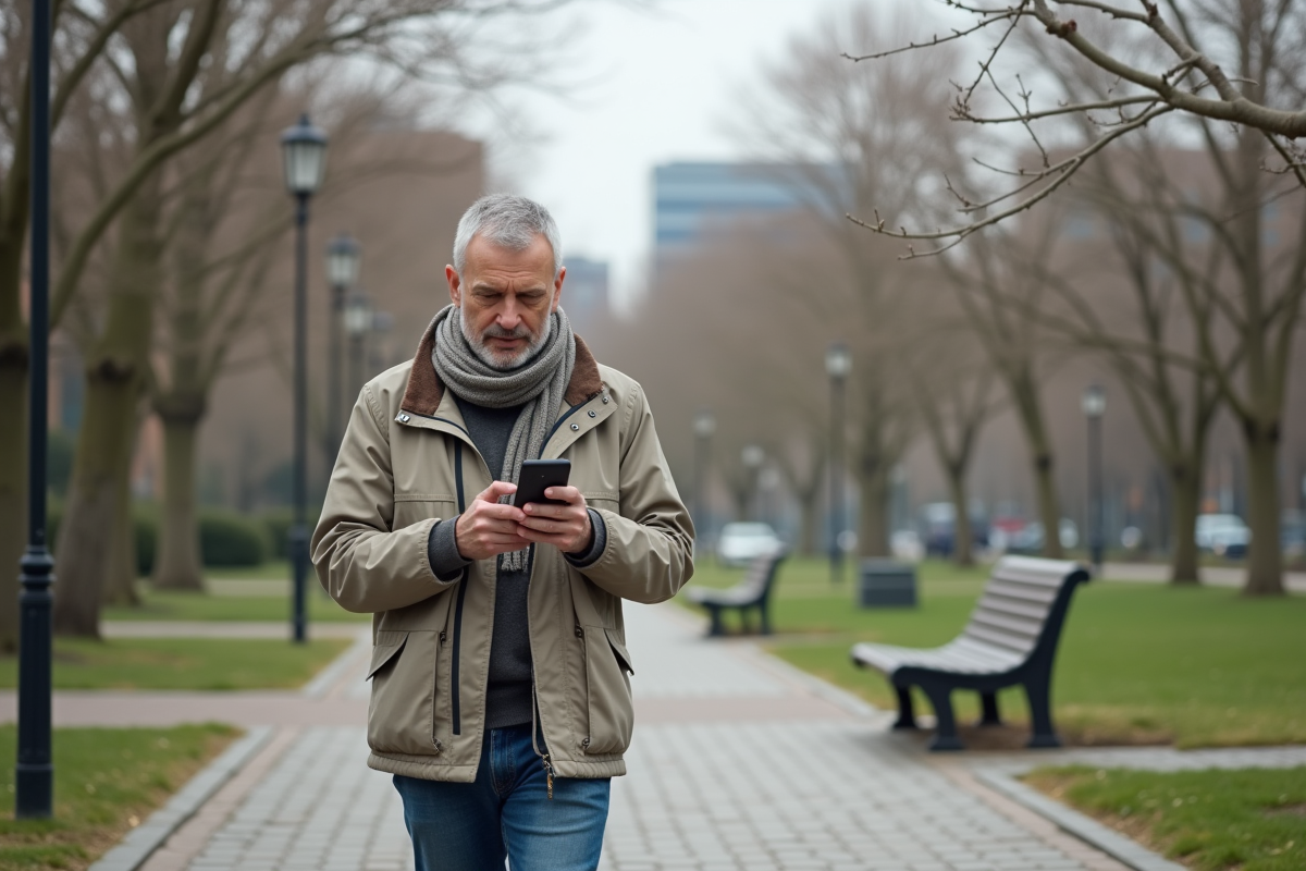 Homme marche dans un parc urbain avec téléphone en main