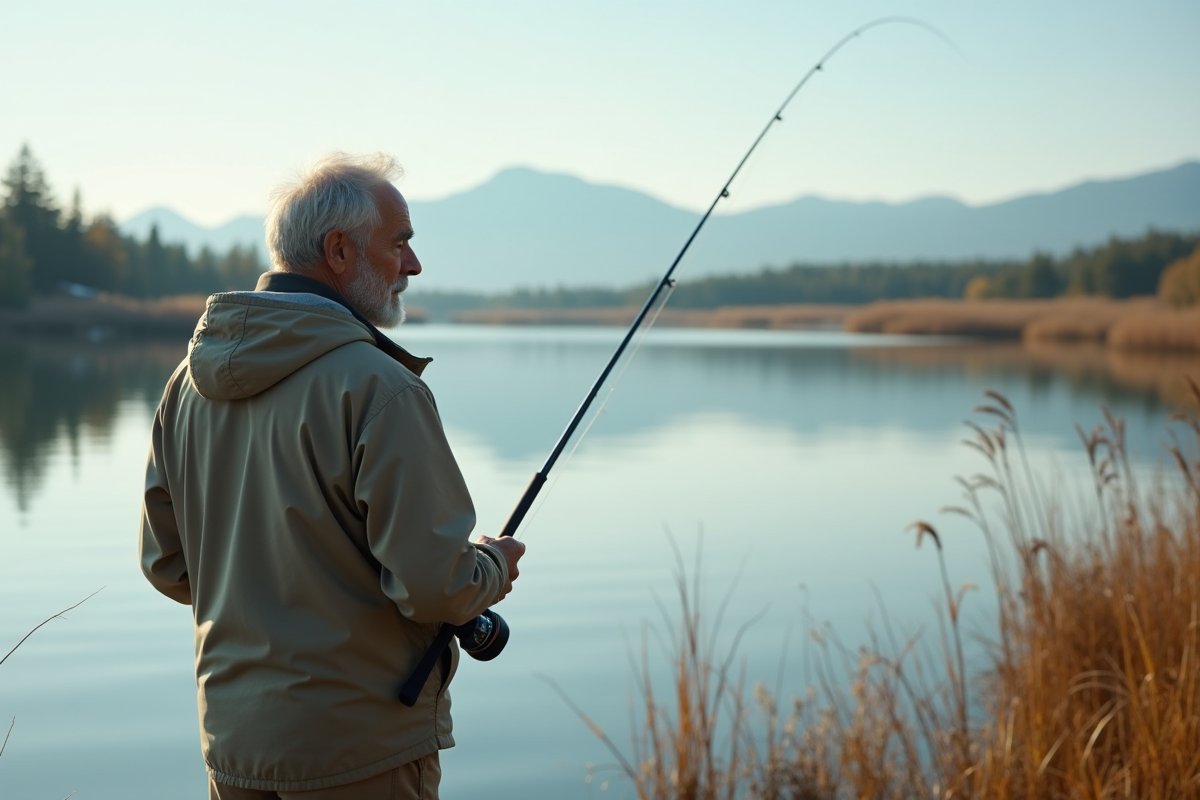 Homme âgé pêchant au bord d