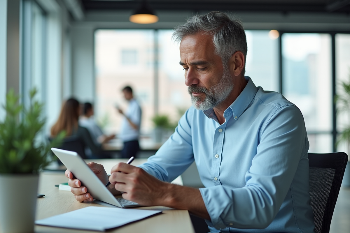 Homme utilisant une tablette pour traduire dans un espace coworking