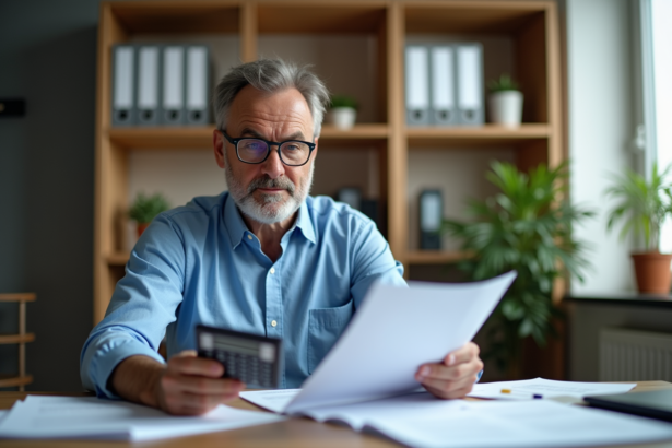 Homme d'âge moyen au bureau avec documents fiscaux