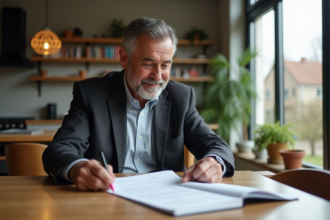 Homme d'âge moyen travaillant à domicile avec documents