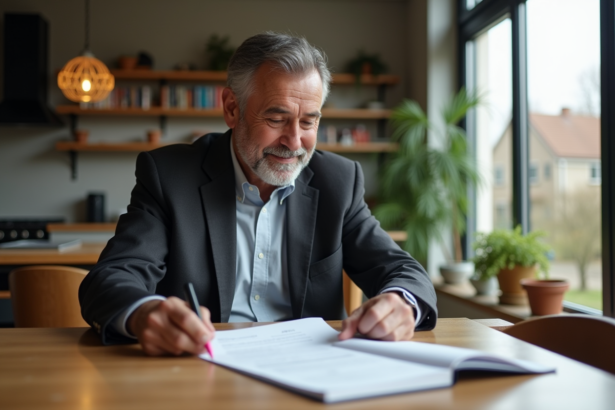Homme d'âge moyen travaillant à domicile avec documents