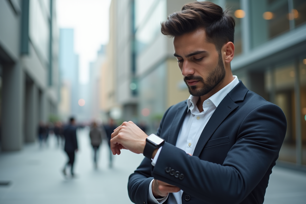 Homme regardant sa smartwatch en milieu urbain