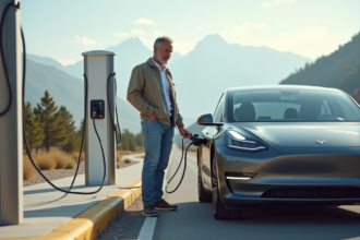 Homme d'âge moyen charge une voiture électrique en extérieur