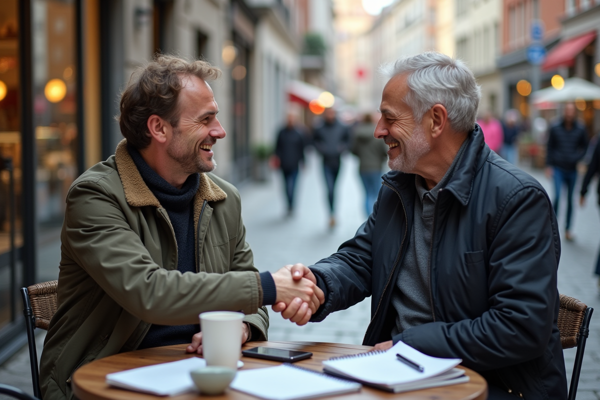 Deux hommes se serrent la main dans un café en ville