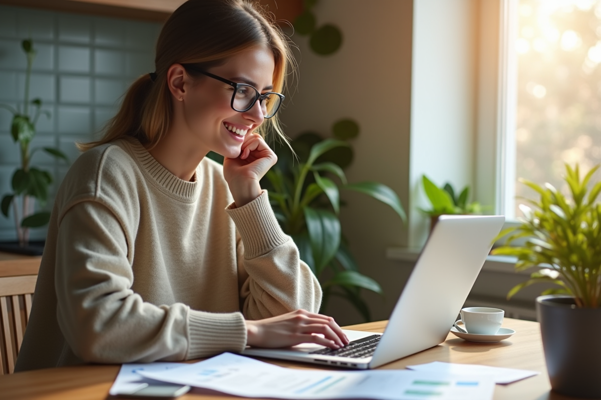 Jeune adulte souriant utilisant un ordinateur pour gérer ses finances