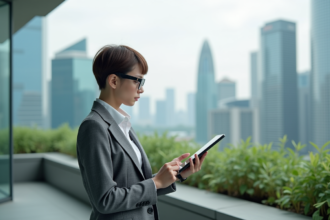 Jeune architecte en costume gris sur une terrasse futuriste