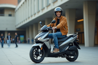 Jeune homme sur moto 50cc Yamaha en ville