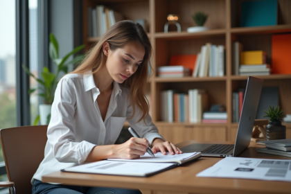 Jeune femme dessinant un logo dans un carnet en studio