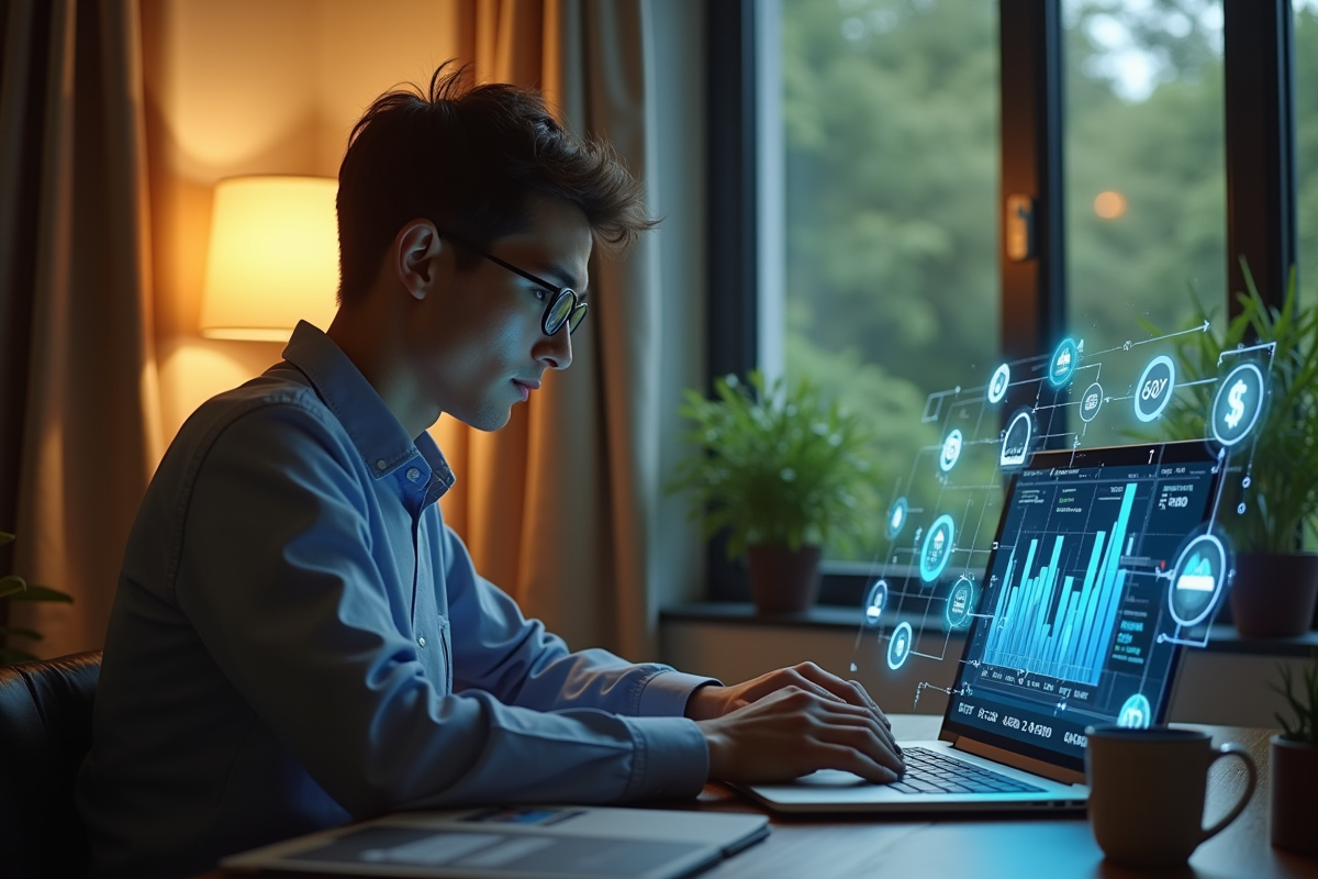 Jeune entrepreneur fintech travaillant tard dans un espace lumineux