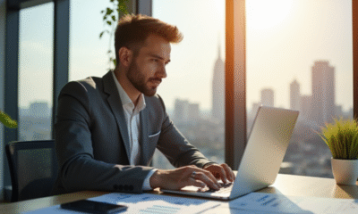 Jeune entrepreneur confiant travaillant sur un ordinateur dans un bureau moderne
