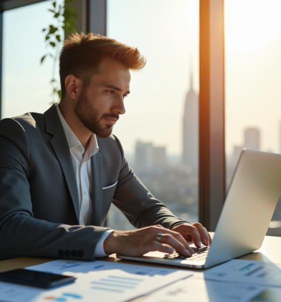 Jeune entrepreneur confiant travaillant sur un ordinateur dans un bureau moderne