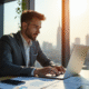 Jeune entrepreneur confiant travaillant sur un ordinateur dans un bureau moderne