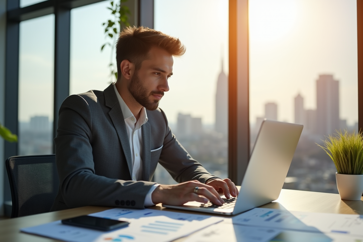 Jeune entrepreneur confiant travaillant sur un ordinateur dans un bureau moderne
