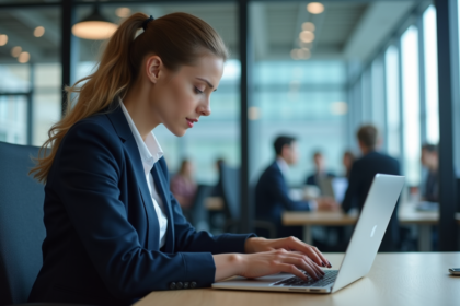 Jeune femme d'affaires concentrée sur un tableau digital